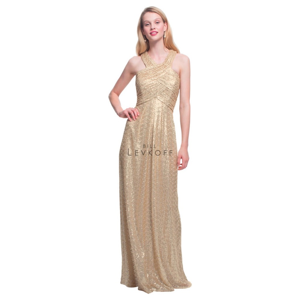 Bill Levkoff Gold Sequin Floor Length Long Formal Bridesmaid Dress